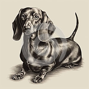 Dachshund, engaving style, close-up portrait, black and white drawing photo