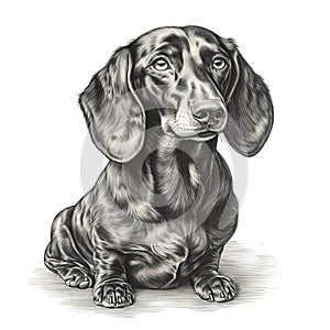 Dachshund, engaving style, close-up portrait, black and white drawing photo