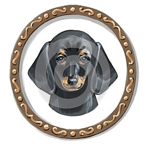 Dachshund face. Dog portrait muzzle head. Dog breed. Digital illustration