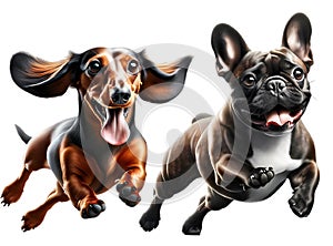 a dachshund and a french bulldog running to its owner