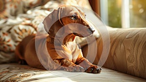 Dachshund lying on a couch in sunlight