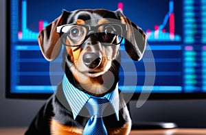 A dachshund in a tie and glasses sits in front of a computer screen