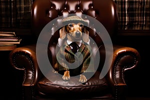 a dachshund wearing a small tweed jacket, sitting on a leather chair