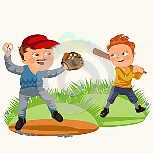 Dad in baseballcap with ball and glove hand playing with son baseball, boy player holding bat that would fight off blow