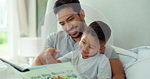 Dad, boy and bedroom with book, reading and learning for study, childhood development and care in house. Father, happy