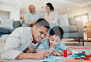 Dad, child and drawing, playing on floor of living room and bonding with quality time together in family home. Learning