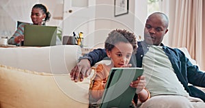 Dad, child and learning with tablet on sofa for homeschool or online assessment and virtual education for courses