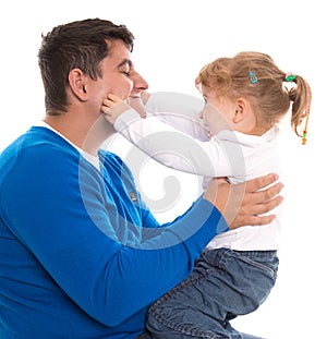 Dad and child playing and pinching cheeks isolated on white back