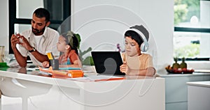 Dad, children and homework with tablet in home for teaching, support or e learning together. Father, boy and girl with