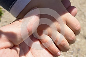 Dad daddy father hold little child boy girl hand view from top close-up