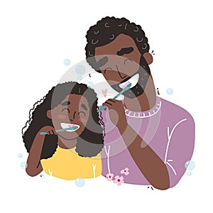 Dad and Daughter Brushing Their Teeth. happy Black african american family and health