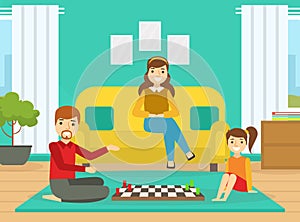 Dad and Daughter Playing Chess, Mother, Father, Daughter and Son Spending Time Together at Home Cartoon Vector