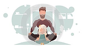 Dad and daughter are sitting meditating in the lotus position. Meditation. Cartoon style.