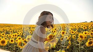 Dad and daughter walking along the field with sunflowers at sunset holding hands First-person view. Slow motion video