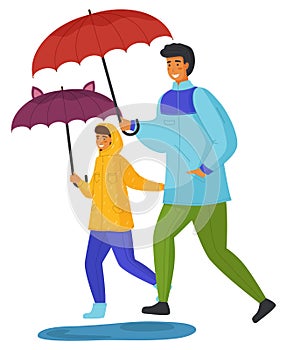 Dad and daughter are walking with umbrellas in rain. Autumn weather. Funny children s eared umbrella