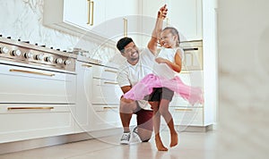 Dad, girl and ballet dance of a child in a home kitchen dancing together and bonding. Family man, father and kid dancer