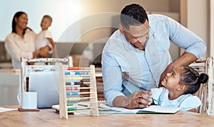 Dad, girl and homework on table in living room of family home for maths class with an abacus, school book and pencil