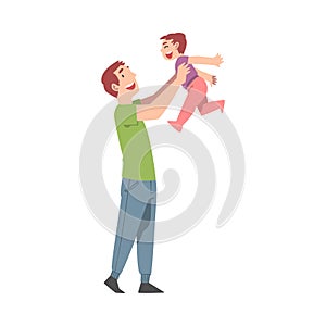 Dad Having Fun with His Kid, Happy Father and His Child Spending Time Together Cartoon Style Vector Illustration
