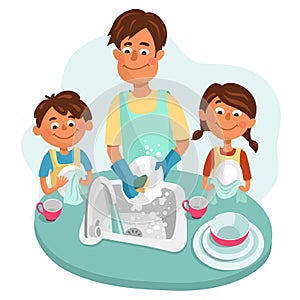 Dad with his children washes dishes