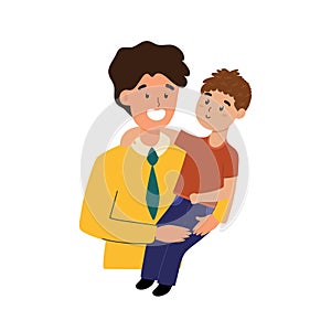 Dad holding his son. Happy family print in cartoon style. Uncle and nephew clipart photo
