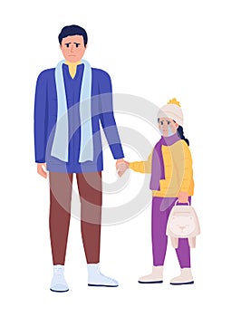 Dad holding weeping daughter hand semi flat color vector characters