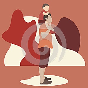 Dad holds his little son on his shoulders on the background of abstract geometric shapes flat vector illustration