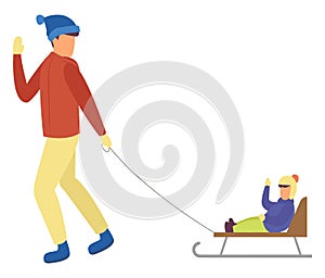 Dad and Kid on Sleds, Winter Character Isolated