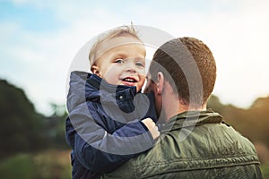 Dad, kid and walking in nature with support, happy face and bonding in outdoor garden. Father, son and playful adventure