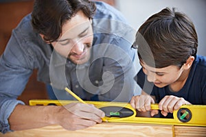 Dad, kid and woodwork pencil for project, bonding and building with safety gear. Father, son and carpenter for