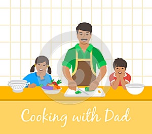 Dad with kids cooking dinner together in kitchen