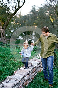 Dad leads a little girl along a stone fence in the park