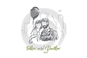 Dad and little daughter hugging, happy fatherhood, child holding balloon, bonding, parent with kid outdoor