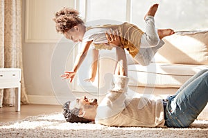 Dad, lying and floor with girl, airplane and happiness with playing games, smile or bonding in lounge. Father, daughter