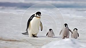 Dad or mom and baby penguins. Father love, bond and parenting concept