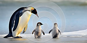 Dad or mom and baby penguins. Father love, bond and parenting concept