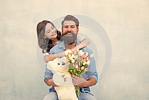 Dad my heart belongs to you. Little daughter hug father. Happy family celebrate fathers day. Small child and bearded man