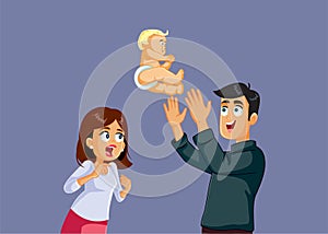 Dad Playing Careless with baby Terrifying Mom Vector Cartoon