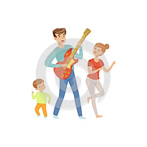 Dad playing guitar while his son and wife dancing, happy family and parenting concept vector Illustration on a white