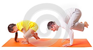 Dad practicing yoga with daughter isolated