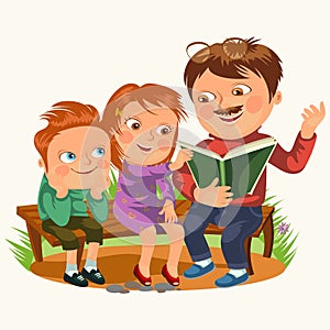 Dad read book for childrens in park wooden bench, family kids reading fairy tales, little boy and girl listen daddy