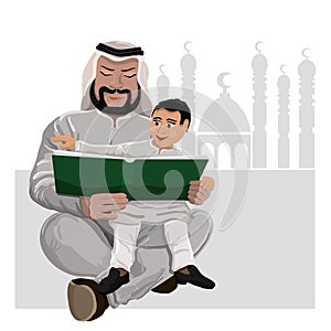 Dad reads the Koran child sitting on hands