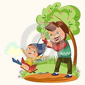 Dad rolls his daughter on a swing tied to a tree, fathers day happy child swinging, family summer vacation in park, kids