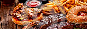 Dad's Favorite Food: Background with a delicious plate of food, hamburgers, pizza or BBQ ribs.