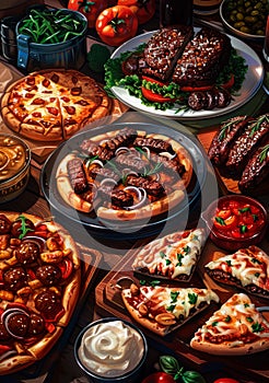 Dad's Favorite Food: Background with a delicious plate of food, hamburgers, pizza or BBQ ribs.
