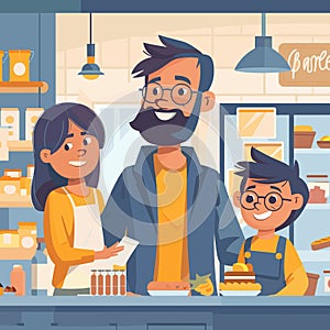 Dad son daughter family snack bar cartoon vector scene. Home business positive characters, father childrens working