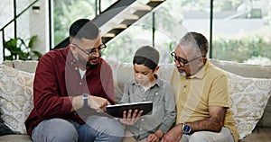 Dad, son and grandparent on sofa with tablet in living room of home together for visit. Family, technology for gaming or