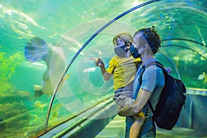 Dad and son in medical masks look at the fish in the aquarium in oceanarium. People walk in medical masks after the end
