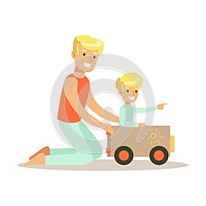 Dad And Son Playing With Cardboard Car, Loving Father Enjoying Good Quality Daddy Time With Happy Kid