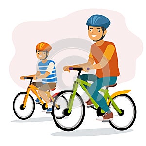 Dad and son are riding on bicycles