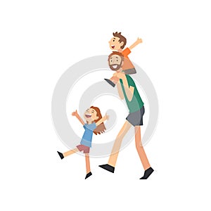 Dad and Son Spending Good Time Together, Dad Carrying Son on His Shoulders, Happy Family Concept Cartoon Vector